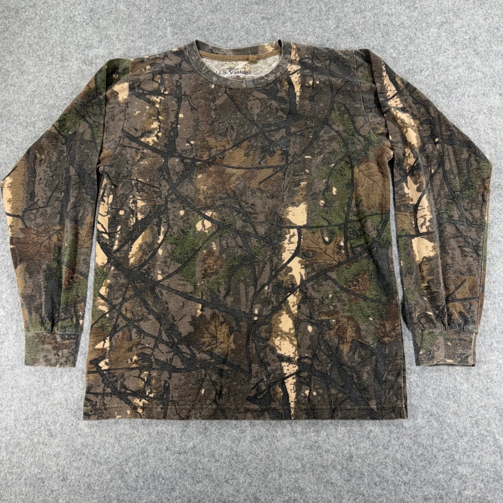 US Vintage Mens Camo Long Sleeve T-Shirt Real Tree Camouflage Brown Green Medium
